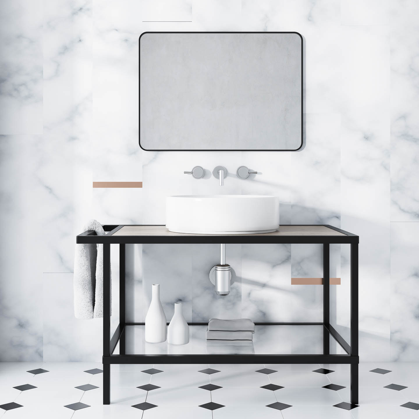 Black square insets in a white tile bathroom floor