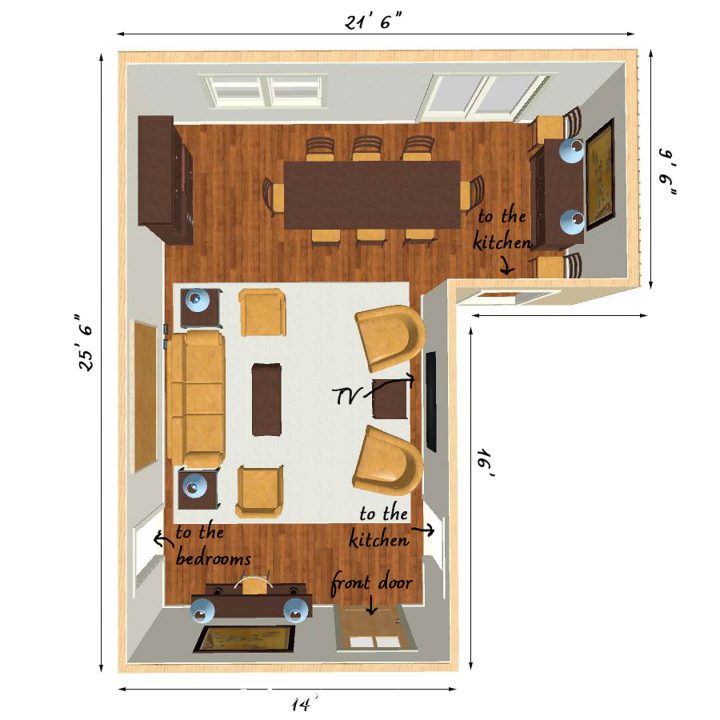 Large dining room layout for L-shaped living room