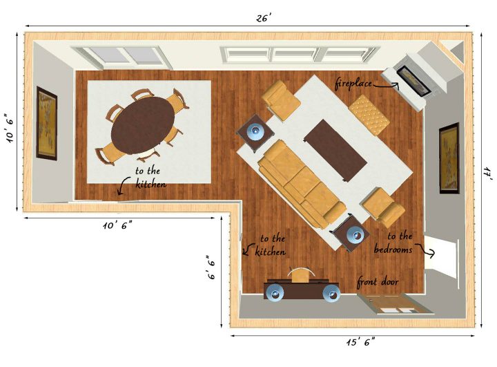 Furniture arrangement for an L-shaped living room with a corner fireplace
