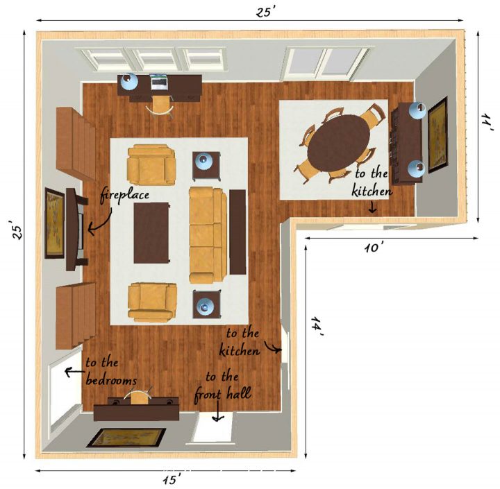 L-shaped living dining room layout with a fireplace