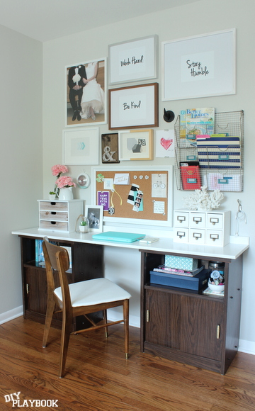 Home office wall design with framed art, an organizer and bulletin board. 