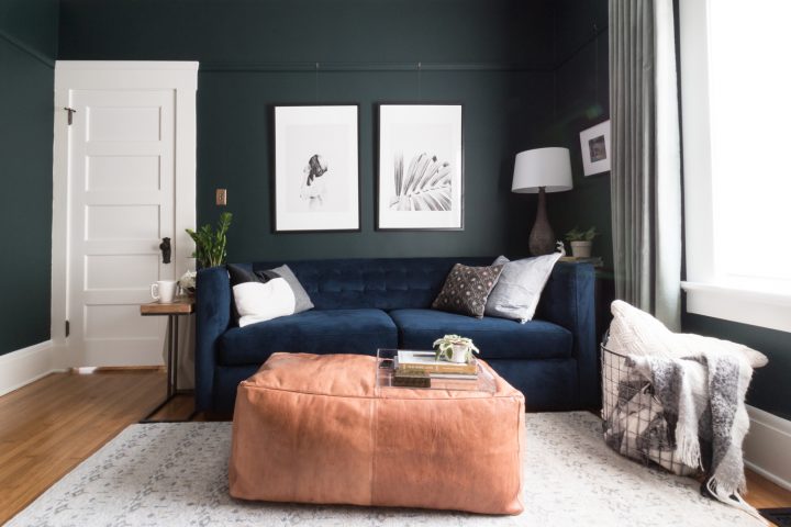Deep green Salamander paint from Benjamin Moore used for the walls in a small living room. 