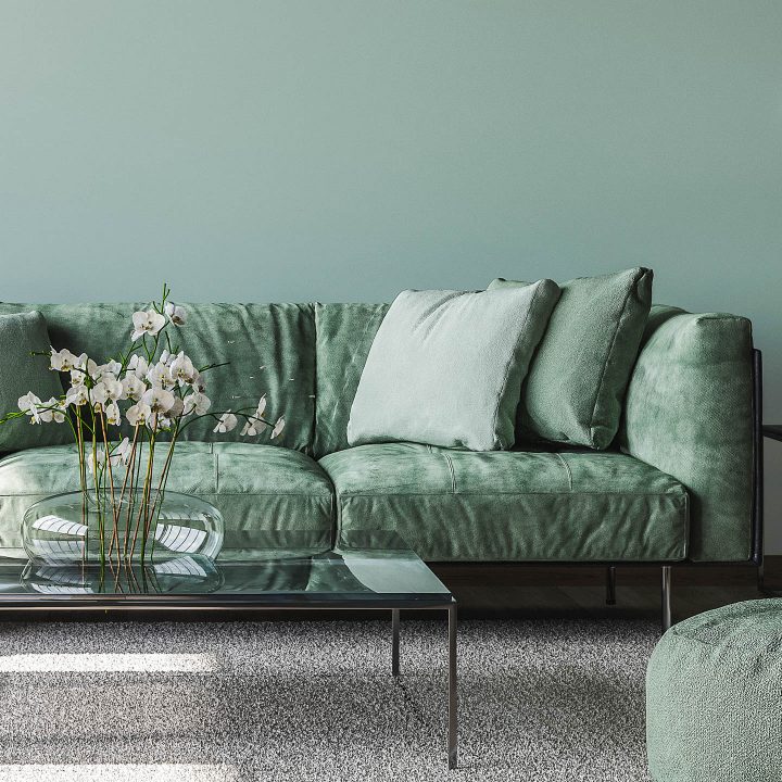 Living room with walls and velvet sofa in a blue green color