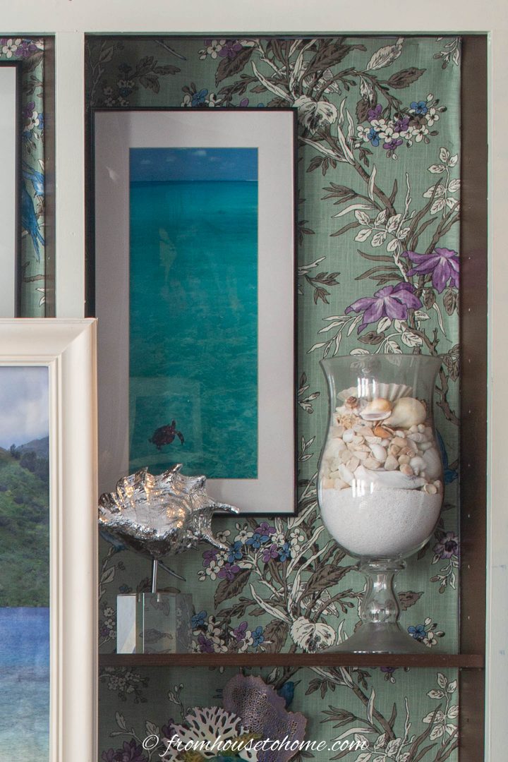A bookcase styled with nature-inspired accessories such as shells and turtle artwork