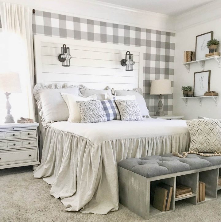 Gray and white farmhouse bedroom painted with Sherwin Williams Alabaster (©blessthisnestblog.com)