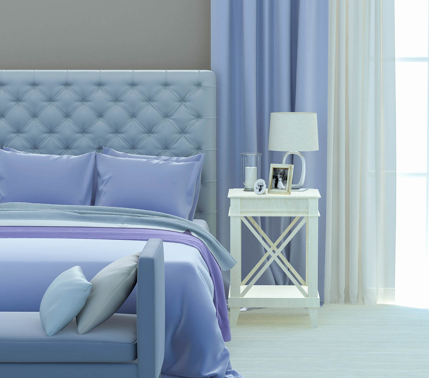 Bedroom with gray walls, white and blue curtains and purple blue bedding