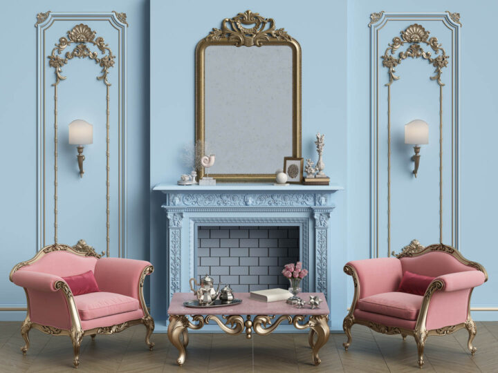 A living room with the walls moldings and fireplace all painted blue