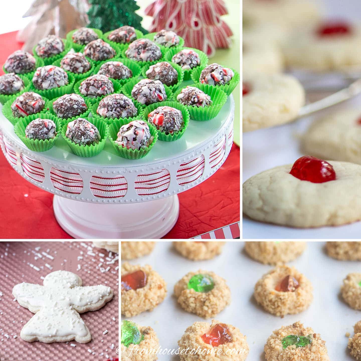 Peppermint fudge balls, lemon cream cheese cookies, decorated angle sugar cookies and holiday Thimble cookies