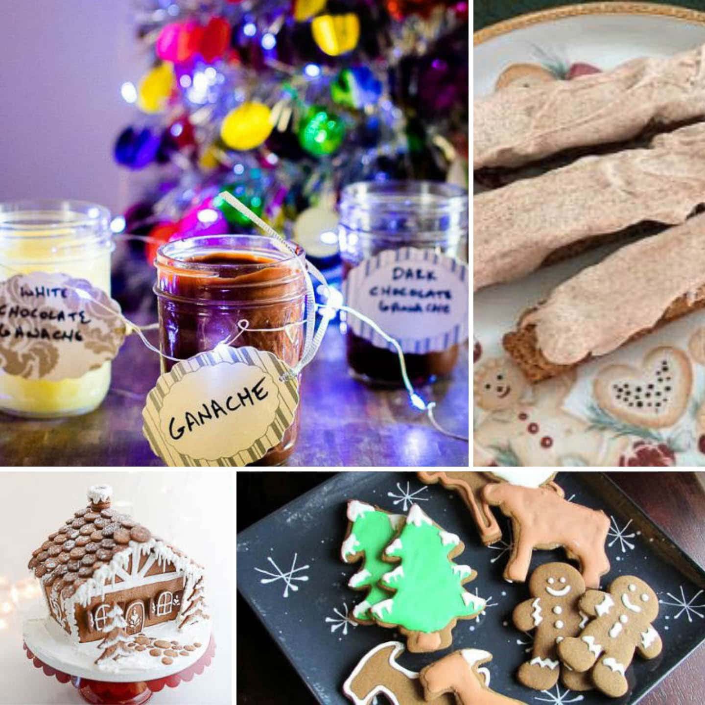 Ganache hot cocoa, white chocolate glazed gingerbread biscotti, gingerbread house and German gingerbread cookies