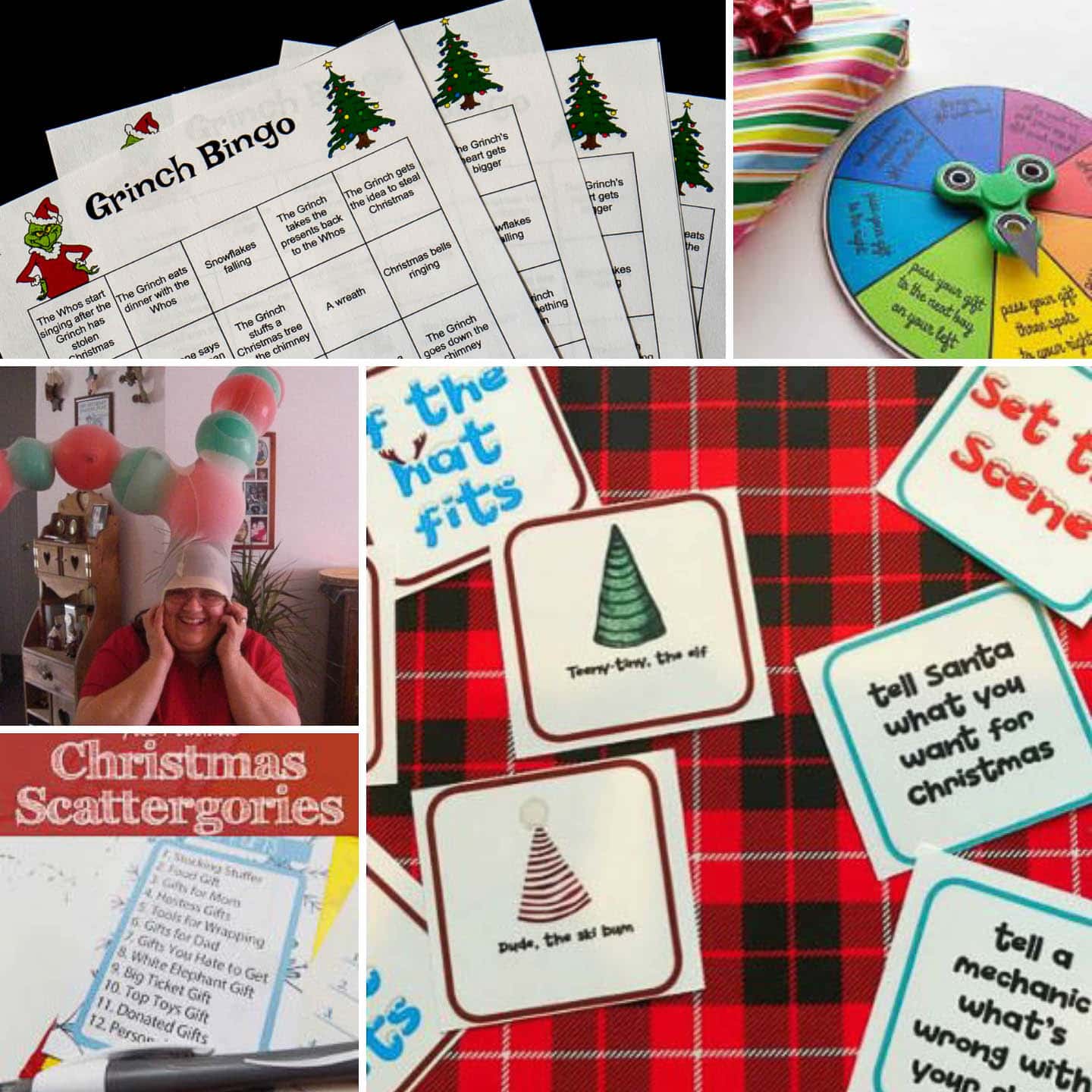 Grinch bingo, gift passing game, reindeer antler game, printable Christmas Scattergories game, Christmas party group game