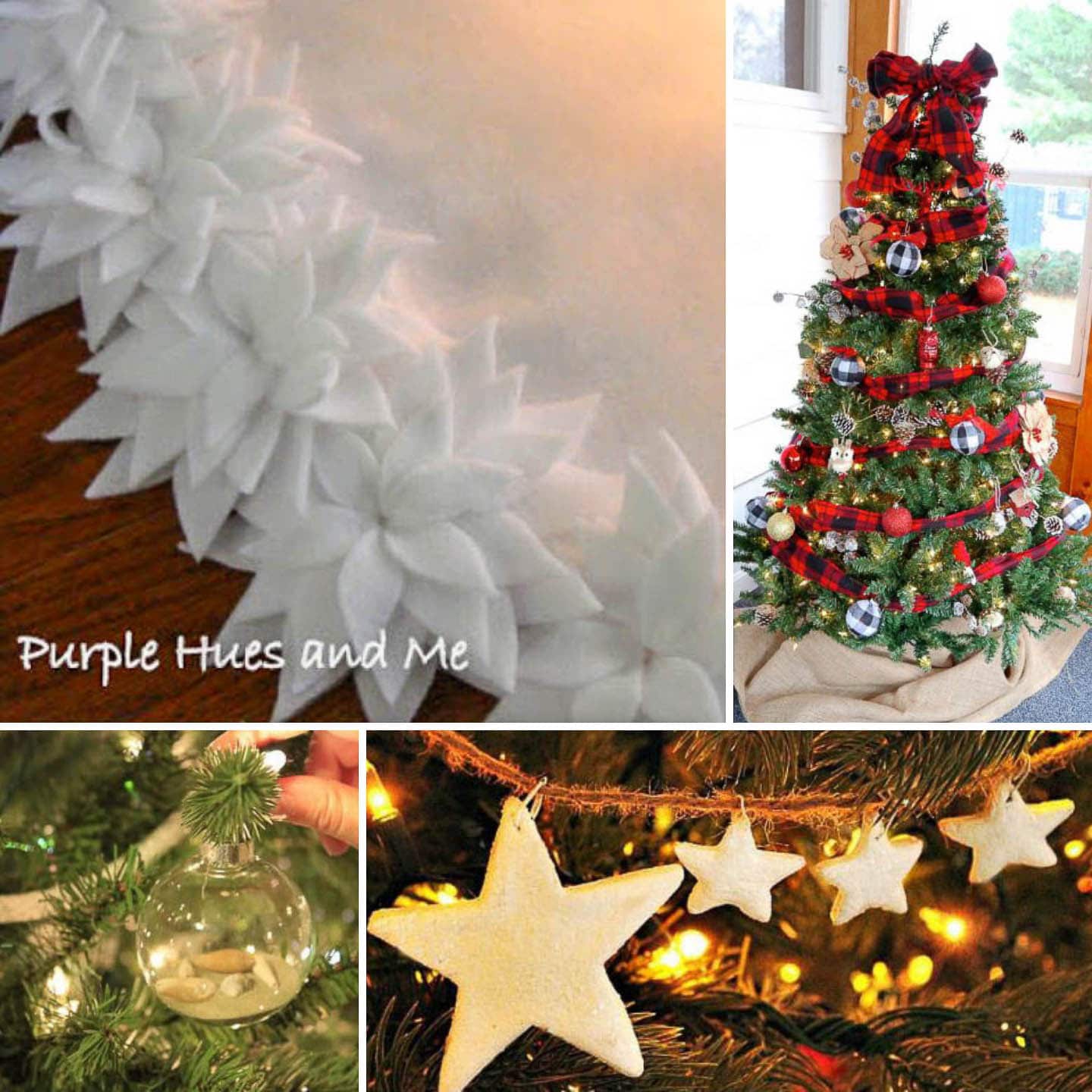 White poinsettia tree skirt, buffalo check Christmas tree, coastal Christmas tree and a DIY star garland