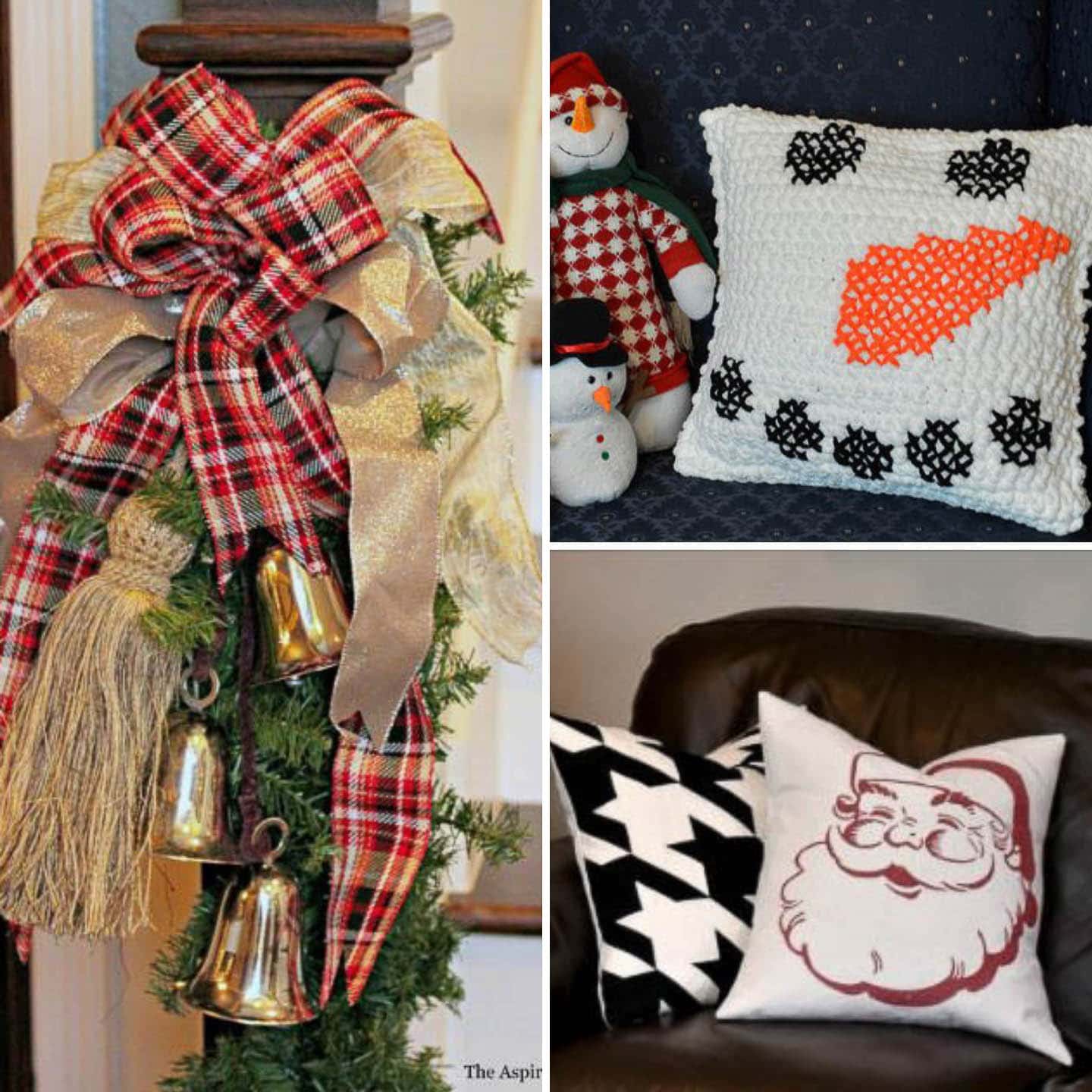 Christmas bow, crochet and cross stitch snowman pillow and DIY spray painted Christmas pillows