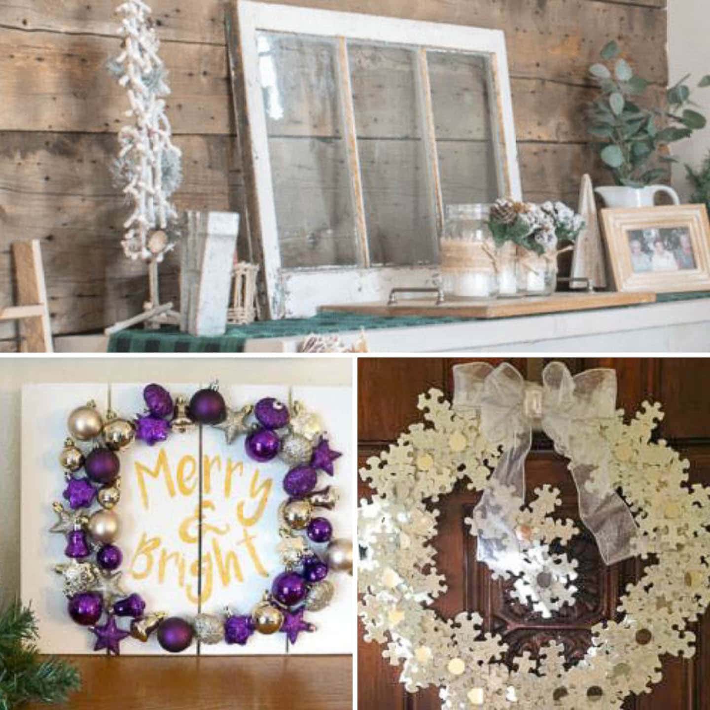 Rustic holiday decor, Chrirstmas ornament pallet sign, and a winter snowflake wreath