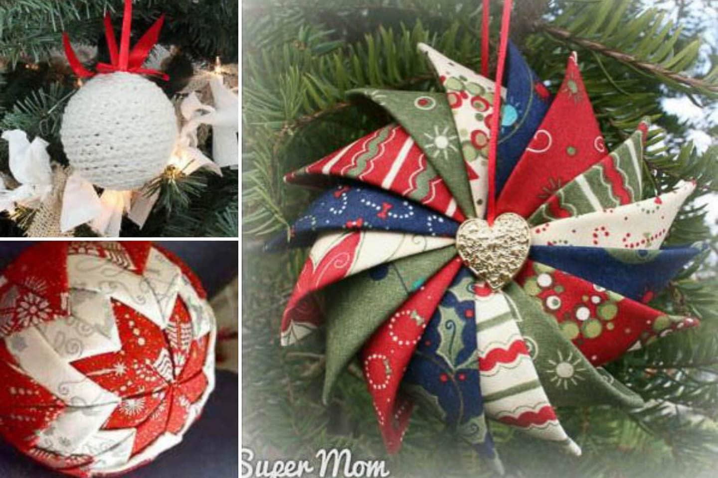 DIY knit Christmas ornaments, prairie point star ornament and no sew quilted ornament
