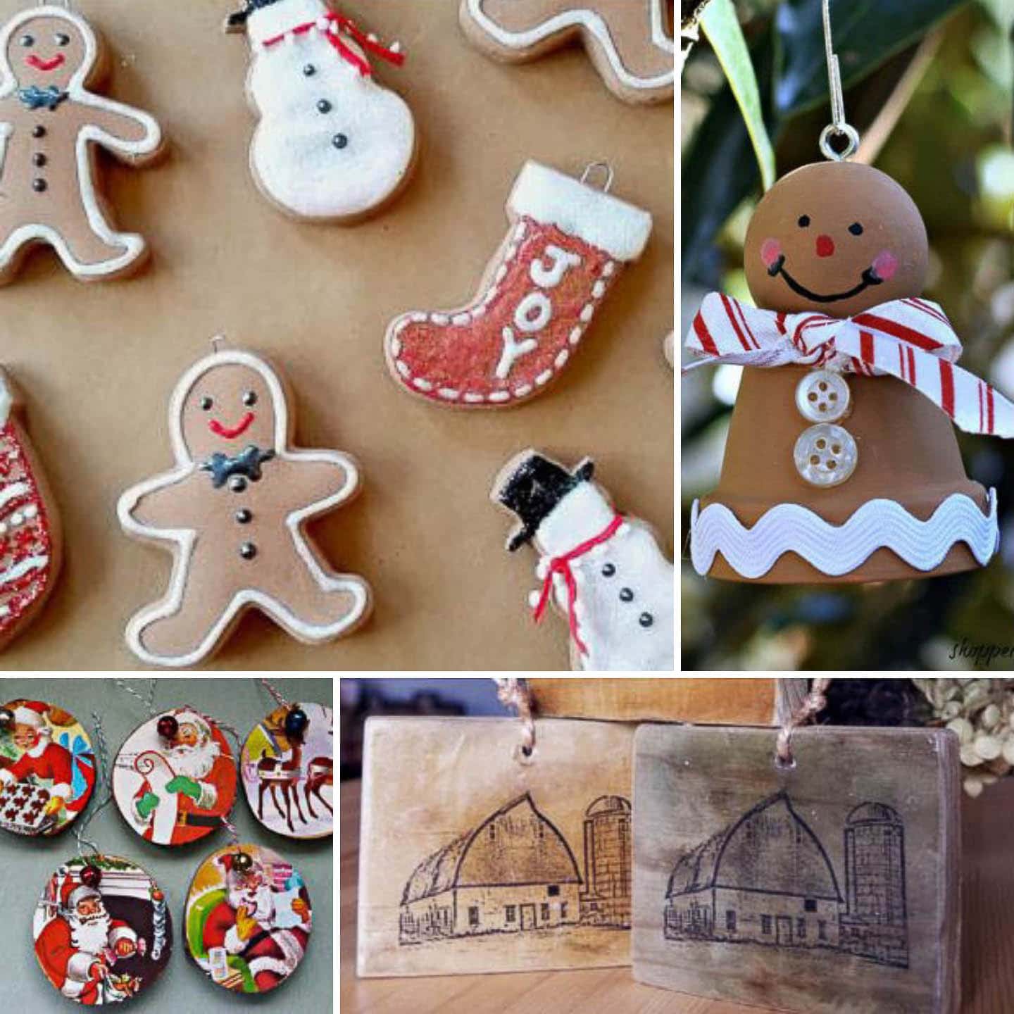 Baking soda gingerbread ornaments, Clay pot gingerbread man ornament, recycled little golden book ornaments, and farmhouse christmas tree ornaments