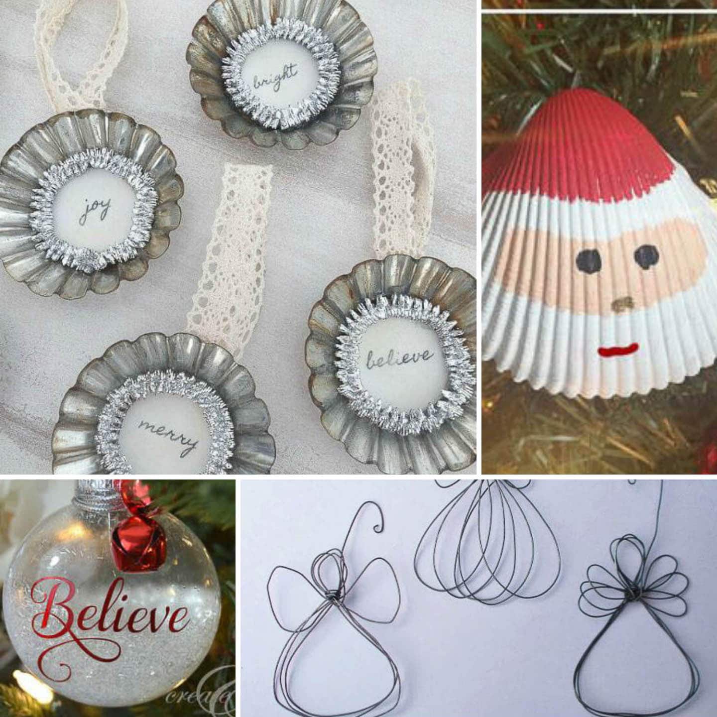DIY Baking tin ornaments, Santa shell ornaments, DIY glitter Christmas ornaments, and wire angel ornaments