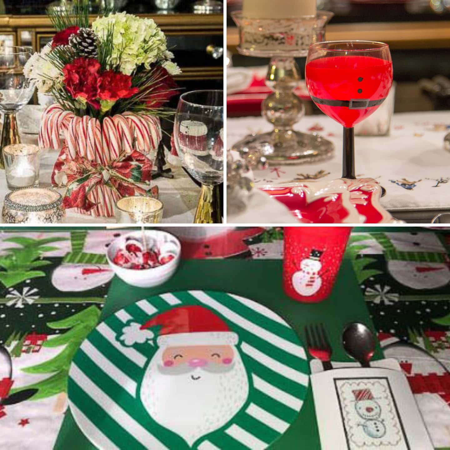 DIY candy cane vase, painted Santa wine glasses and a Santa-themed tablescape