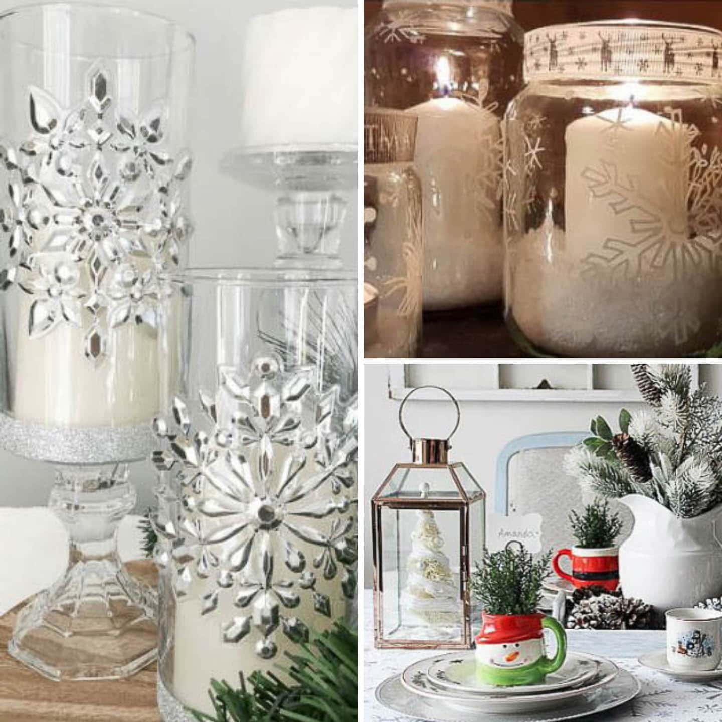 Dollar Tree Christmas candleholders, snowflake mason jar candle holders, and a snowman Christmas tablescape