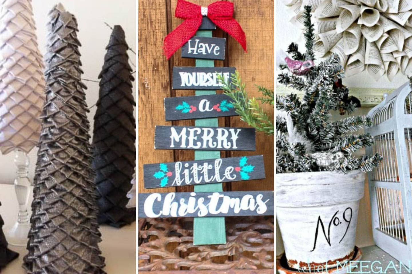 DIY layered ribbon trees, hand painted Christmas tree sign and DIY flocked Christmas tree