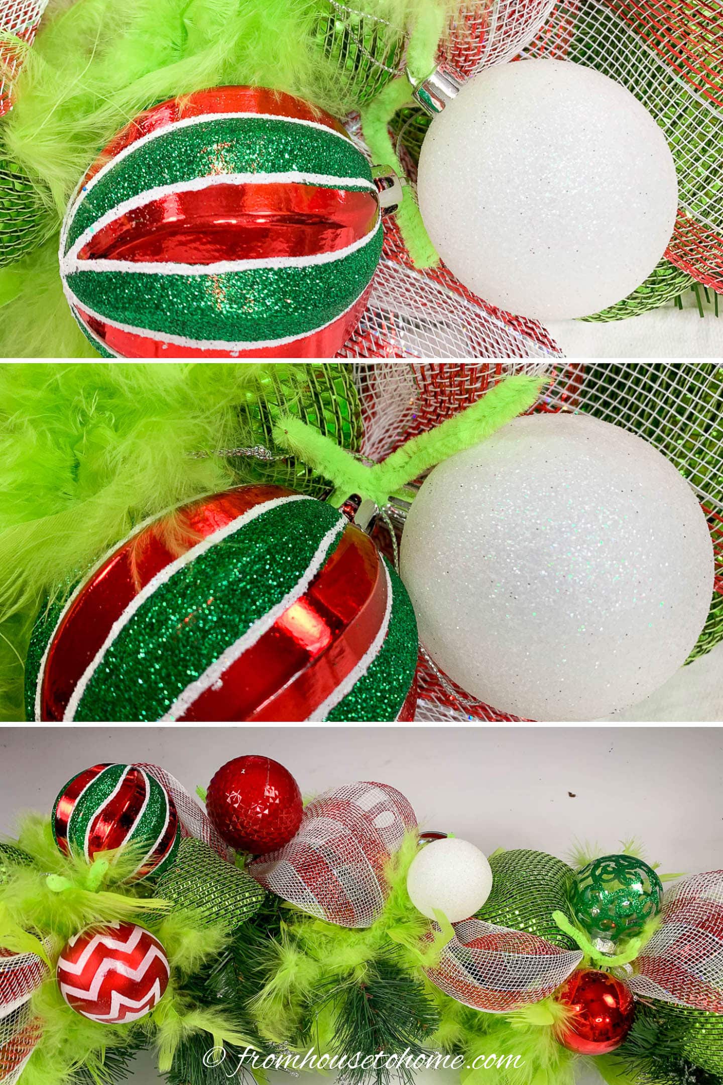 How to add red, green and white Christmas ornaments to the DIY Grinch  garland