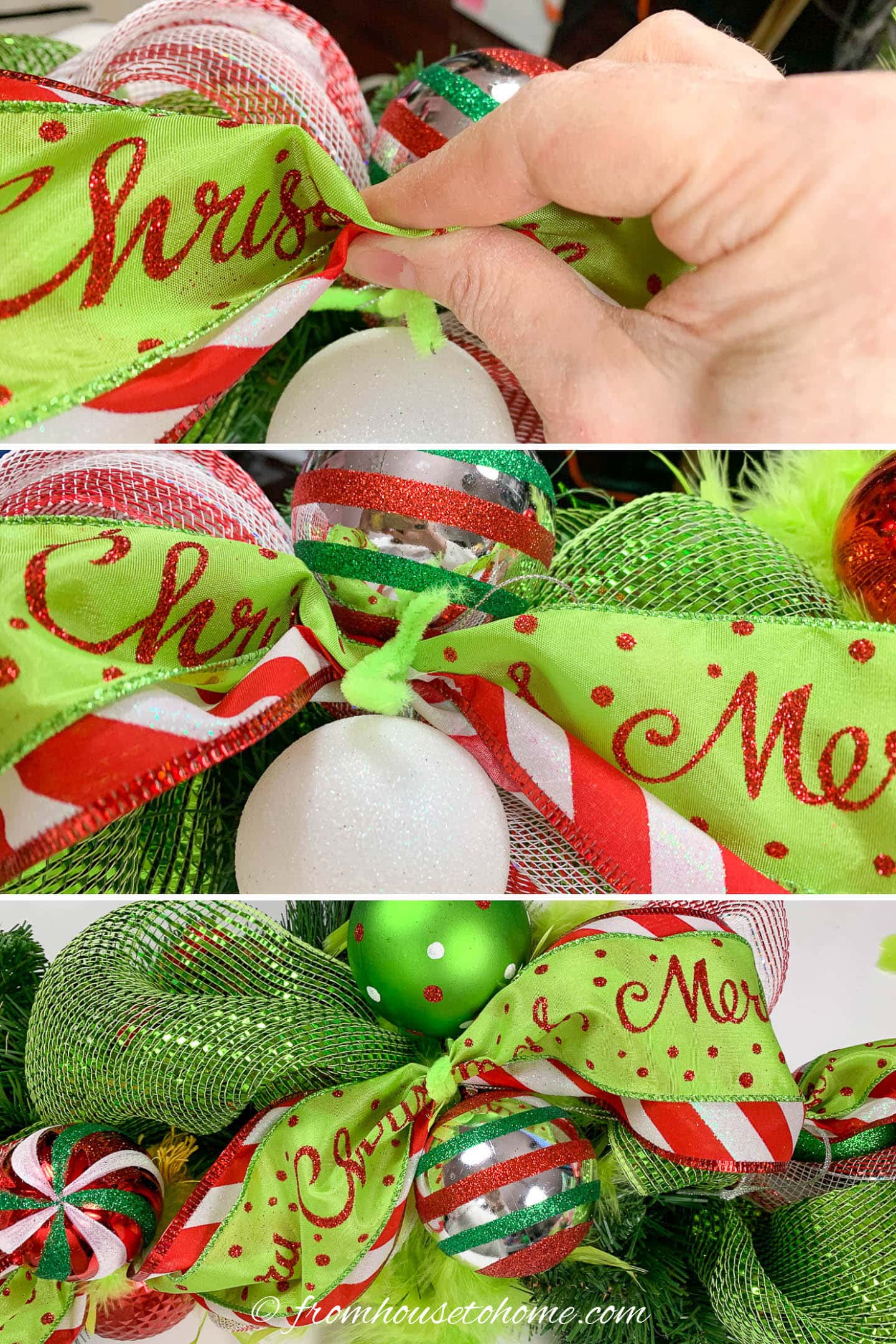 How to add red and green ribbon to the DIY Grinch Christmas garland