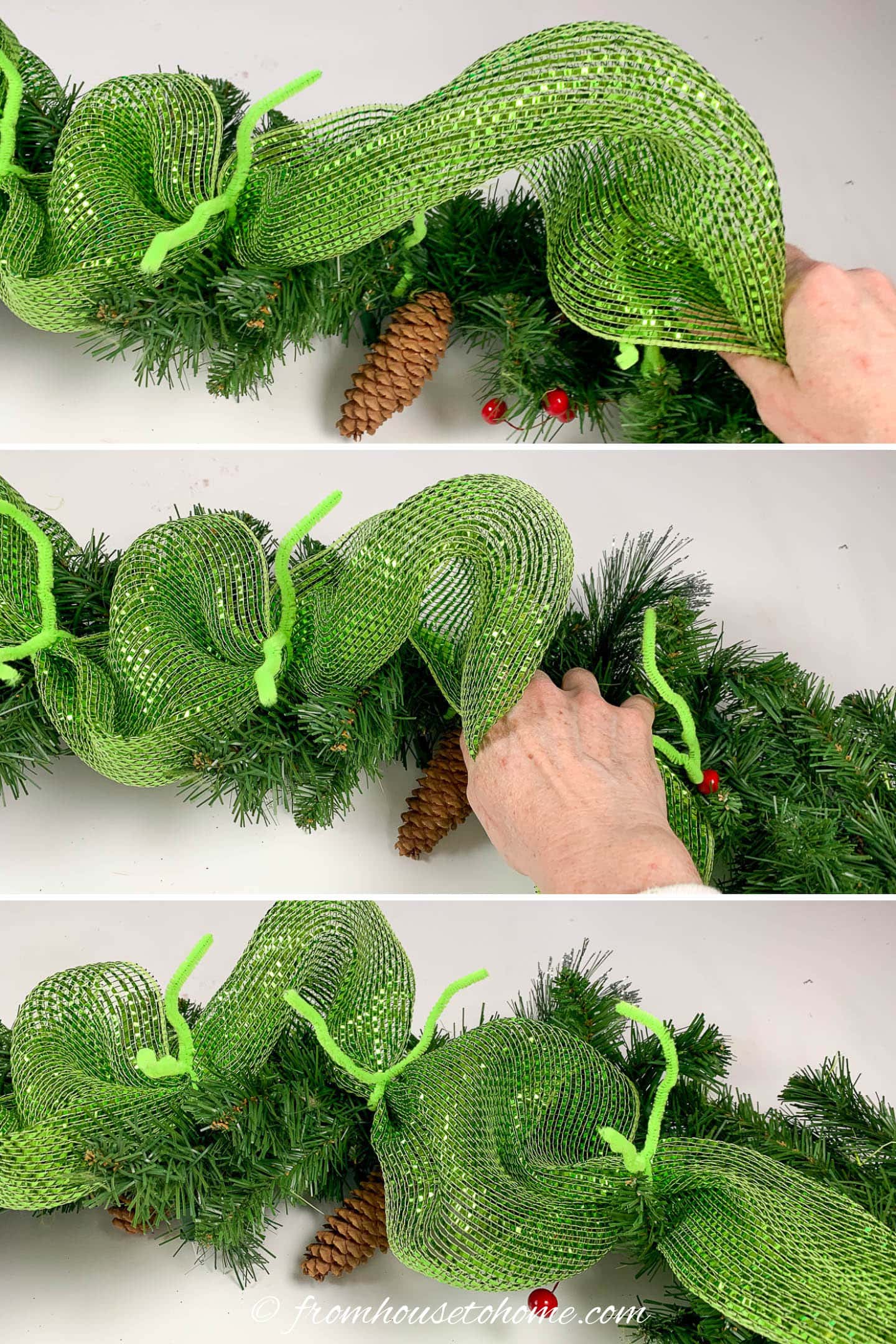 How to tie lime green deco mesh to the evergreen garland