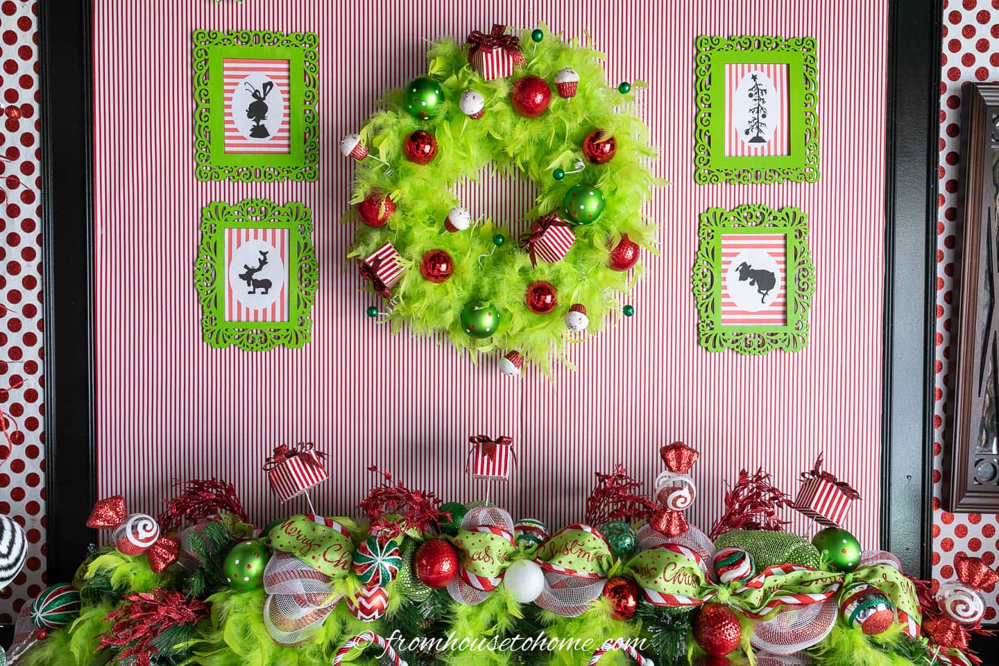 Top of the Grinch Christmas mantel garland under a Grinch wreath