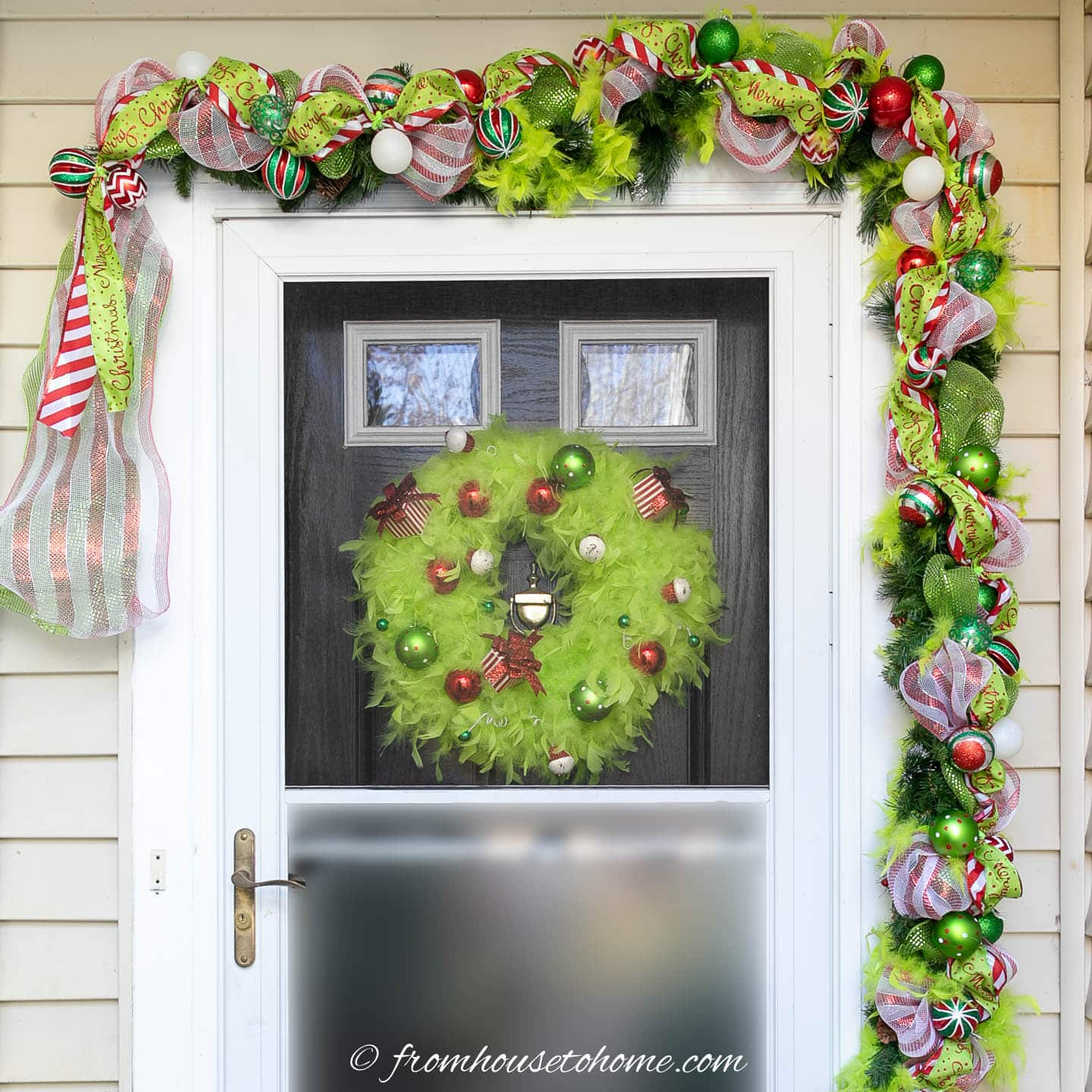 Grinch front door garland and wreath