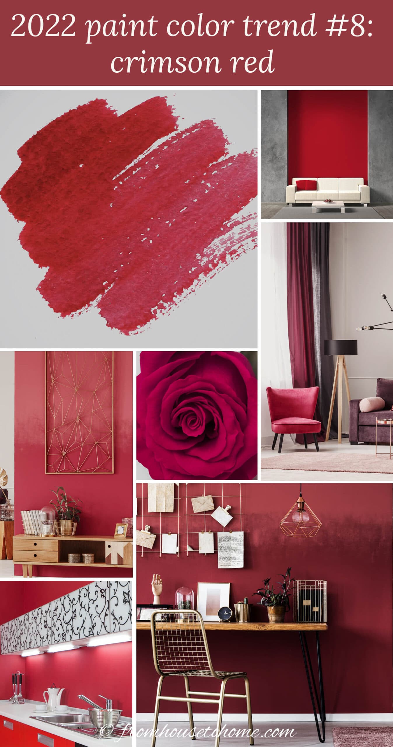 examples of crimson red colors including a paint swatch, a living room with red walls, a sitting area with red chair and curtains, a red rose, an office with red walls, a kitchen with red walls and a work space with red walls.