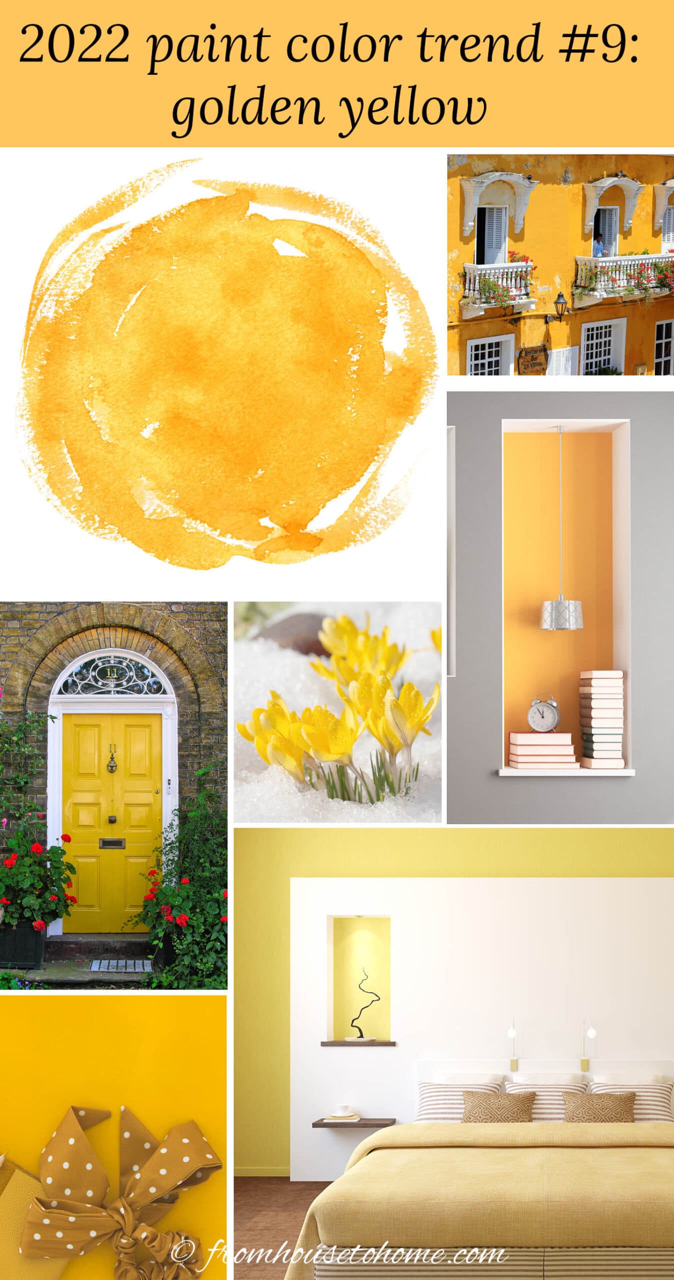 examples of golden yellow colors including a paint swatch, a building painted in golden yellow, a cubby painted yellow with a gray surround, yellow crocuses, a door painted bright yellow, a bedroom painted in light yellow, and a present with golden yellow paper