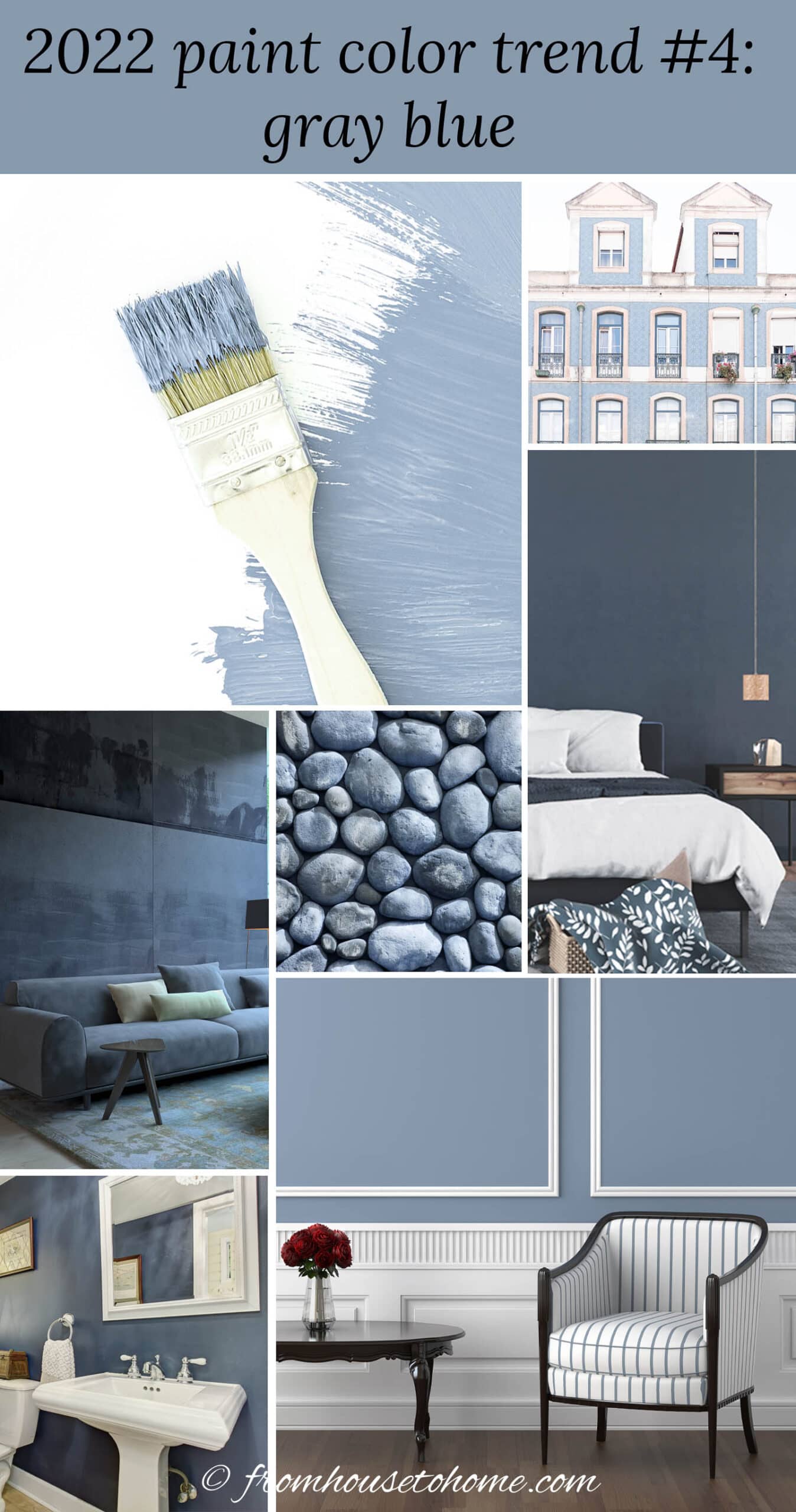 gray blue colors including a paint brush, a building painted in gray blue, a bedroom wall painted a dark gray blue, gray blue rocks, a living with a gray blue sofa and wall, a bathroom with gray blue walls and a sitting area decorated in gray blue and white