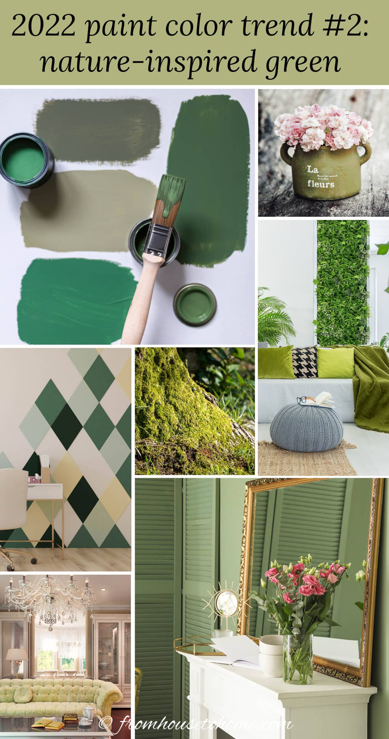 nature-inspired green pictures including paint swatches, a green container with pink carnations, a living room sofa with green cushions and blanket, an office wall painted with green diamonds, a mossy tree trunk, a living room painted in mossy green and a light green velvet sofa