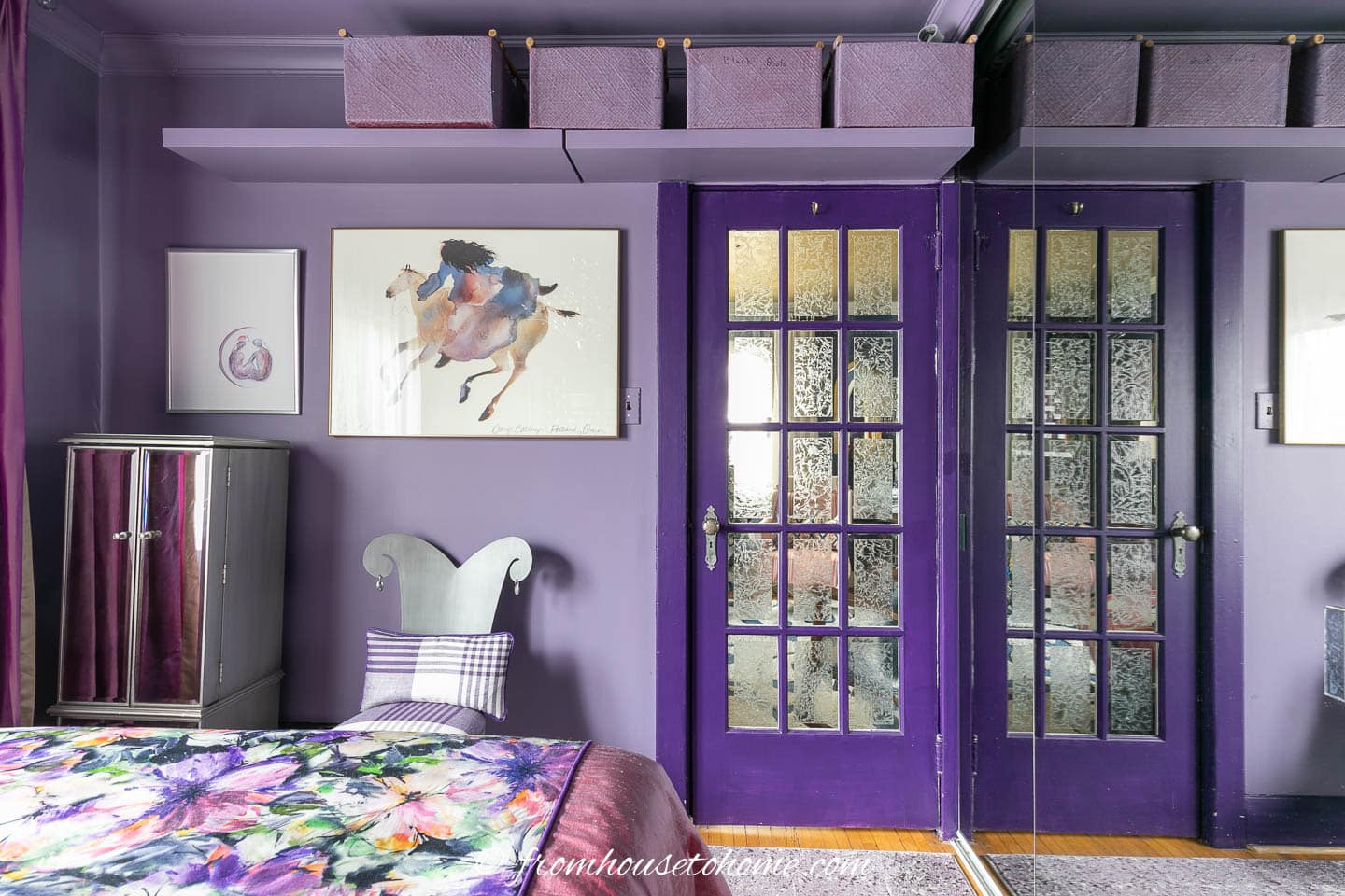 Bedroom wall painted in Sherwin Williams 'Mythical' with trim in Sherwin Williams 'Dewberry'