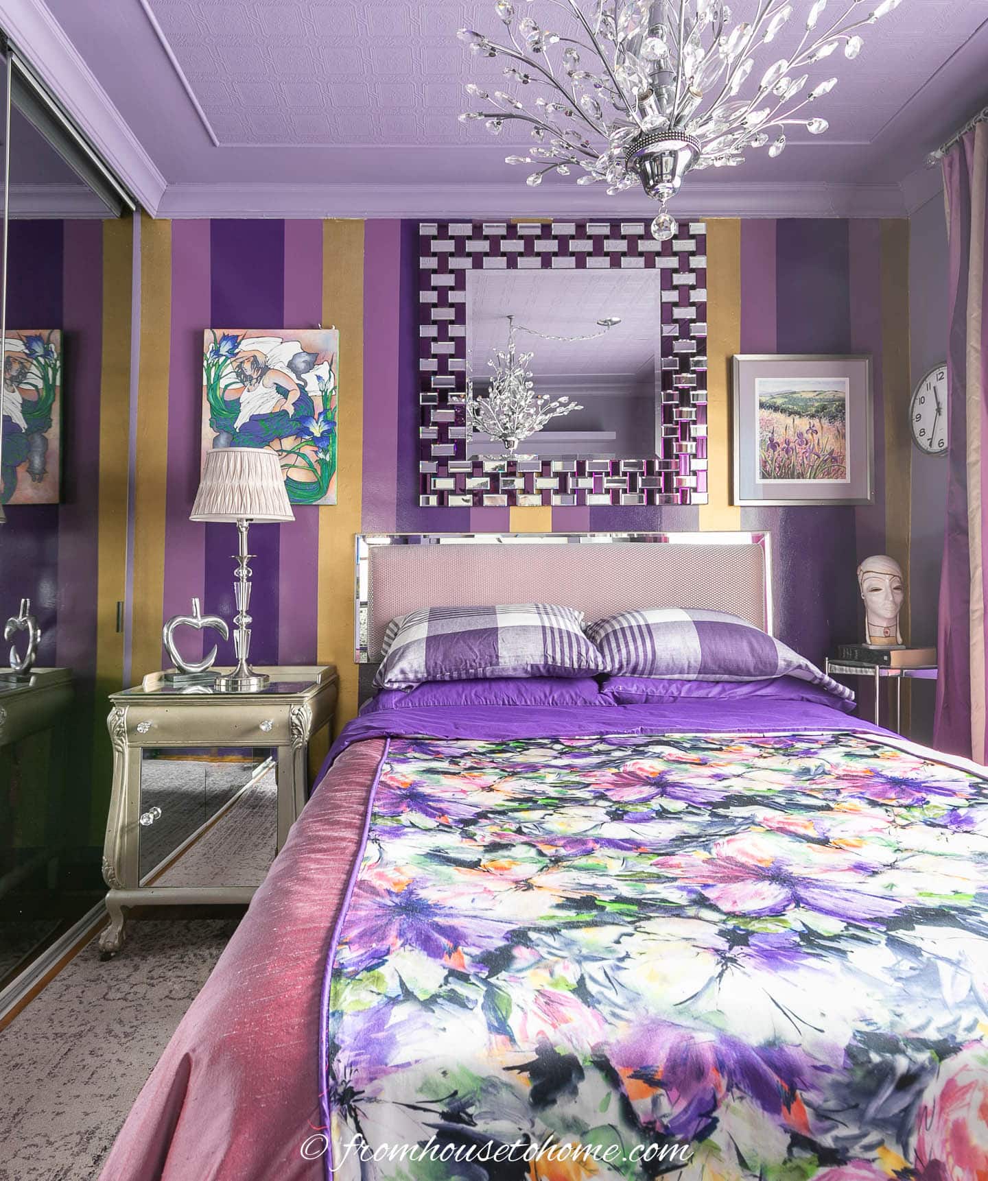 purple bedroom with vertical stripes