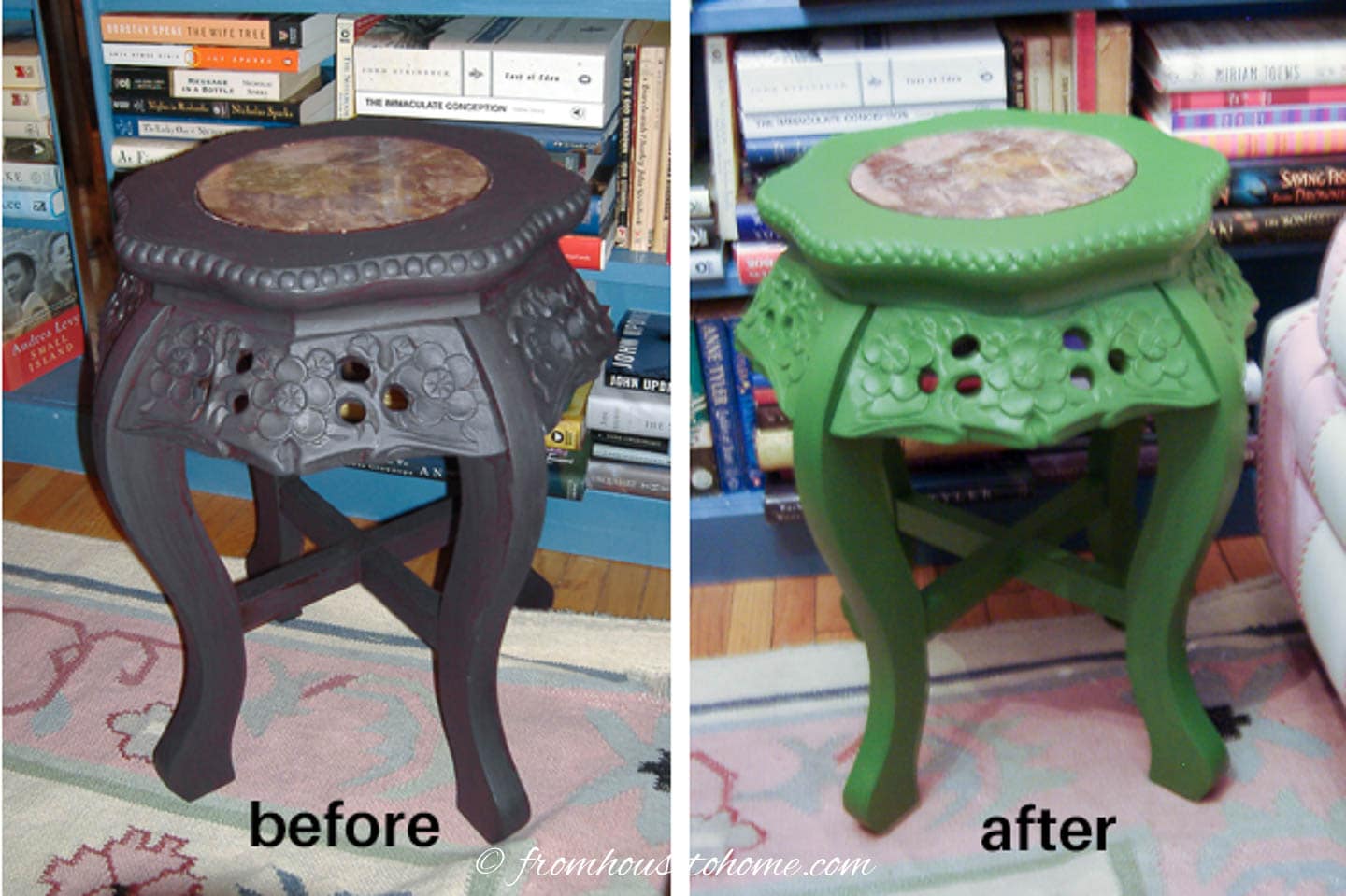 before and after accent table painted with cottage paint
