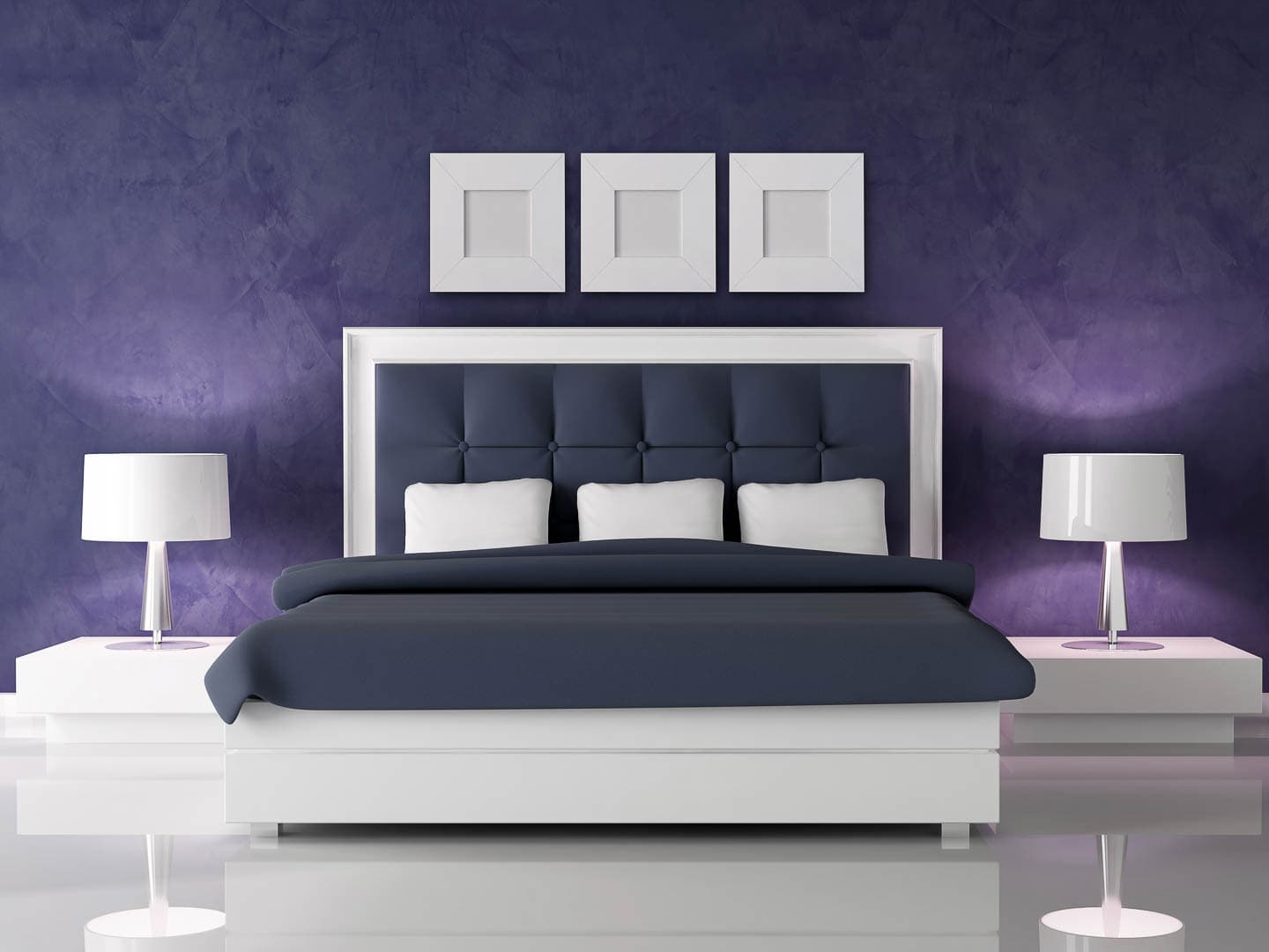 bedroom with dark purple walls, white furniture and grey bedding