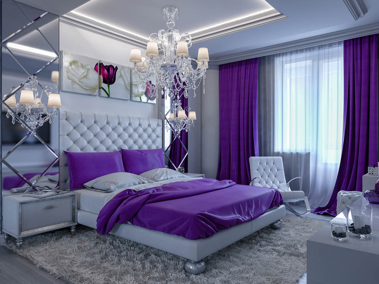 glam silver and purple bedroom with mirrored furniture and a crystal chandelier