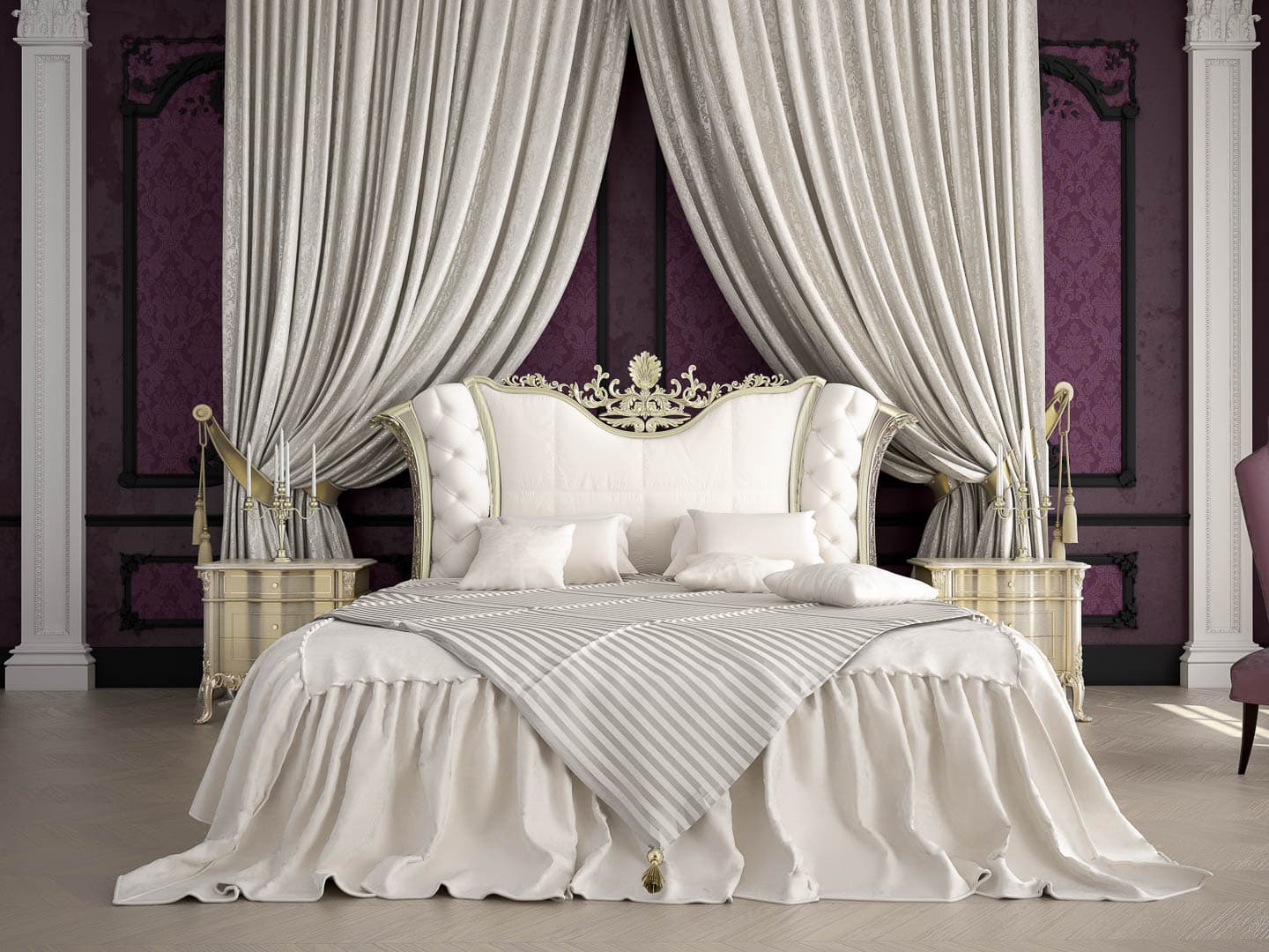 all white bed in surrounded by white curtains in front of a dark purple paneled wall