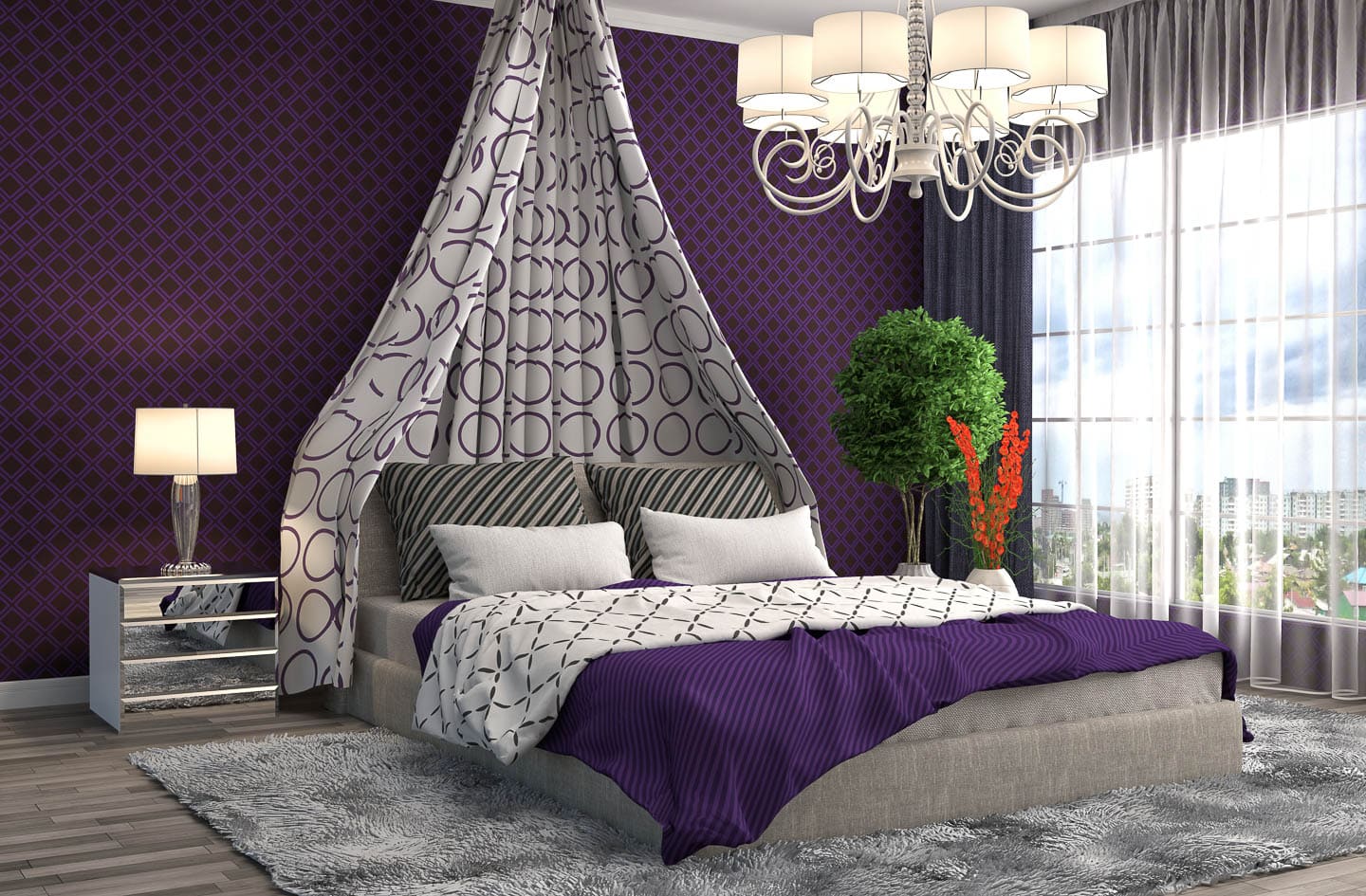 dark purple and grey bedroom