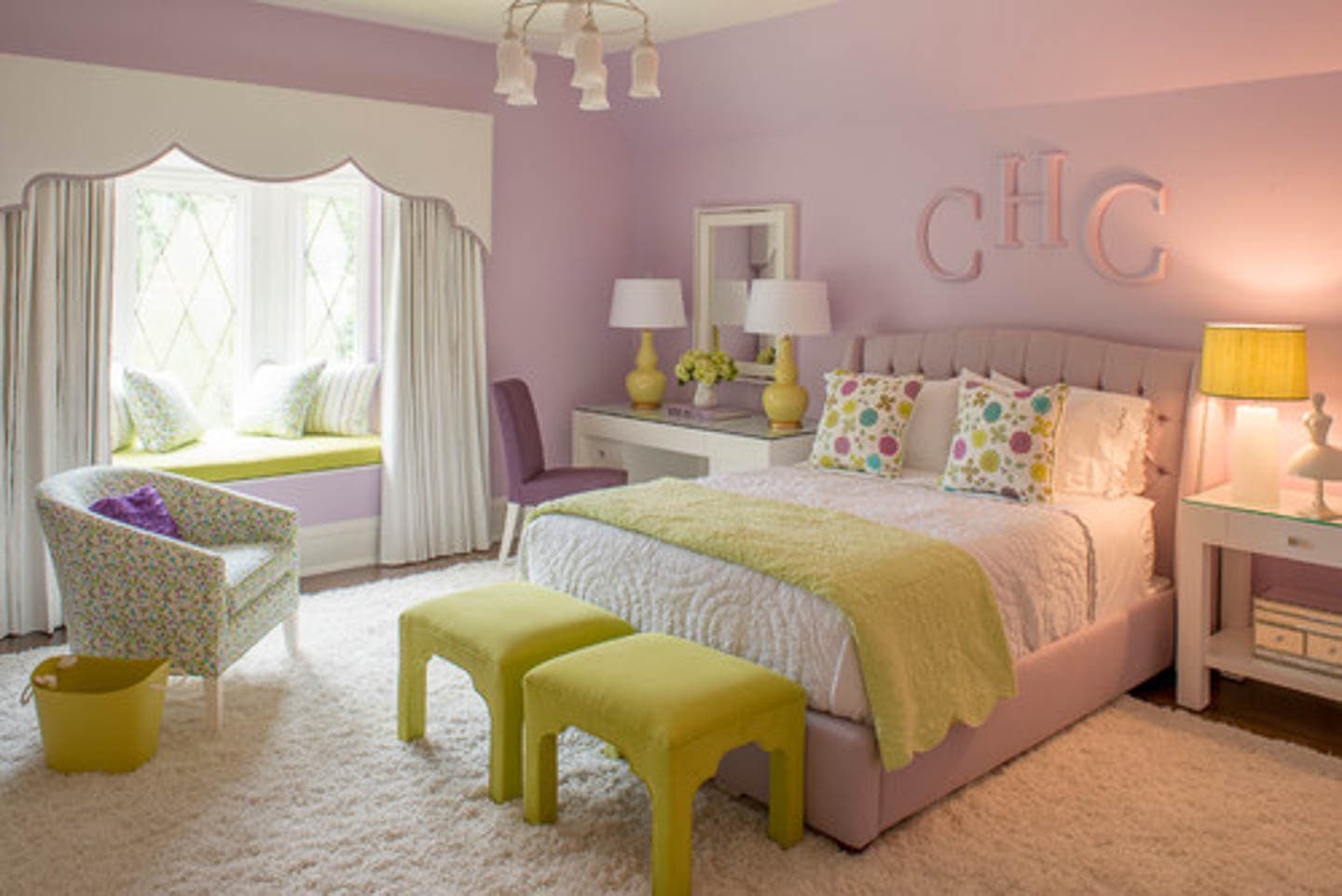 bedroom with light purple walls and chartreuse accents
