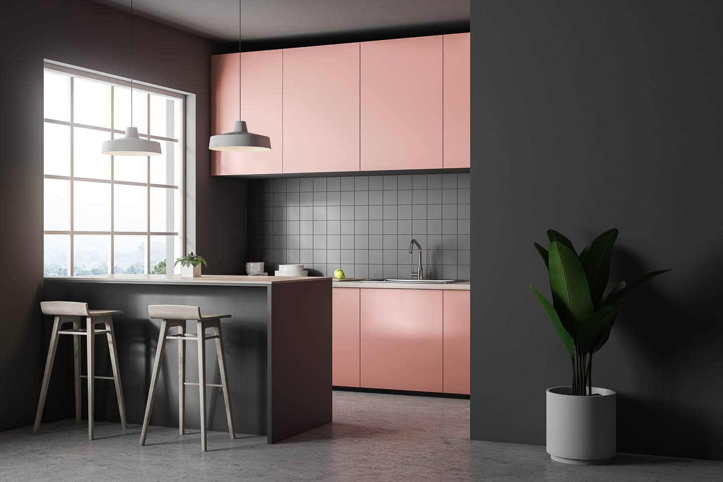 Modern kitchen with dark gray walls and backsplash, and medium pink kitchen cabinets