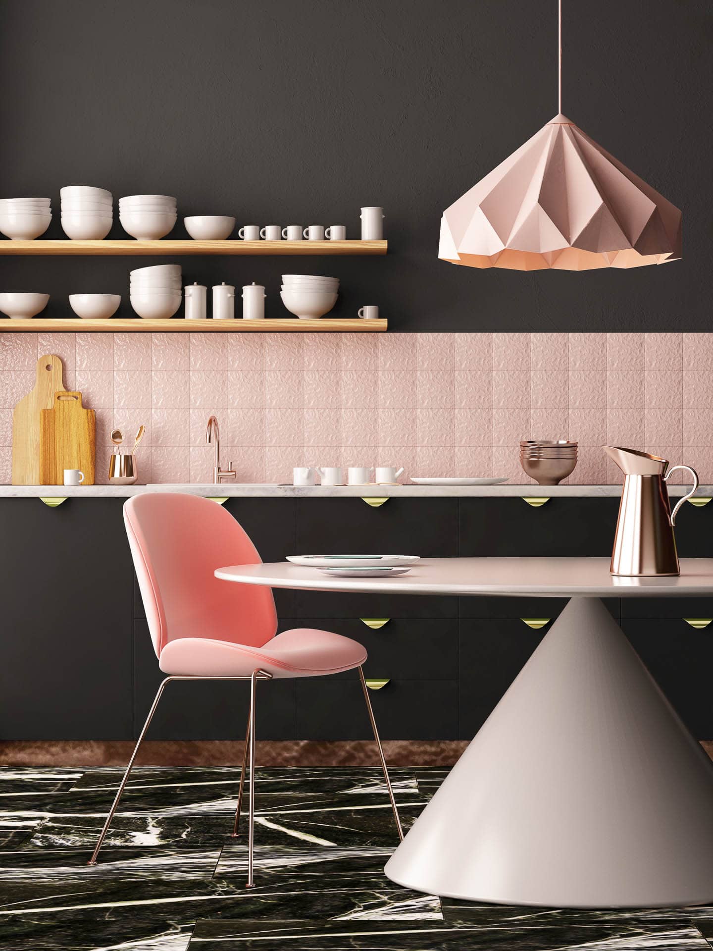 Modern kitchen with black walls, wood open shelves, pink tile backsplash and a pink pendant light fixture