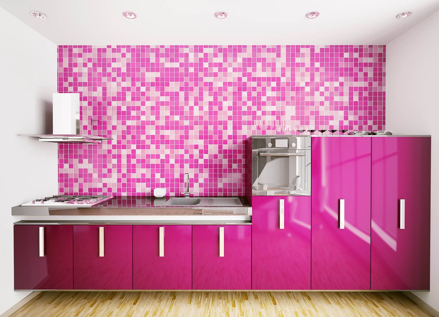 kitchen with hot pink cabinets and a pink mosaic tile backsplash