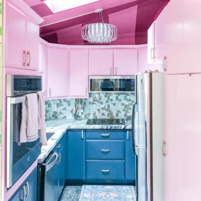 blue and pink small galley kitchen