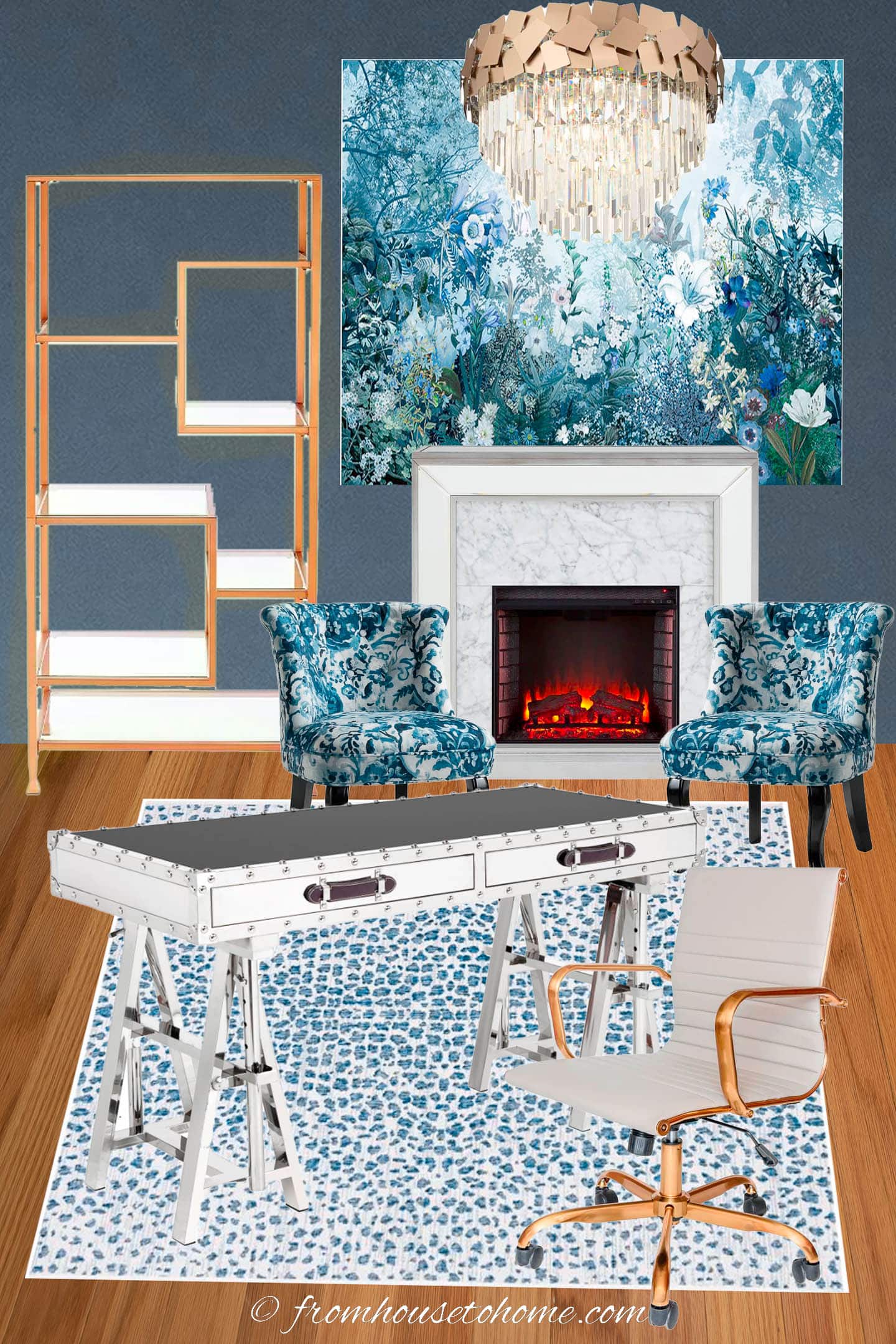 blue and white home office mood board