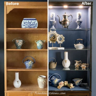 DIY black bookshelf makeover "before" and "after"