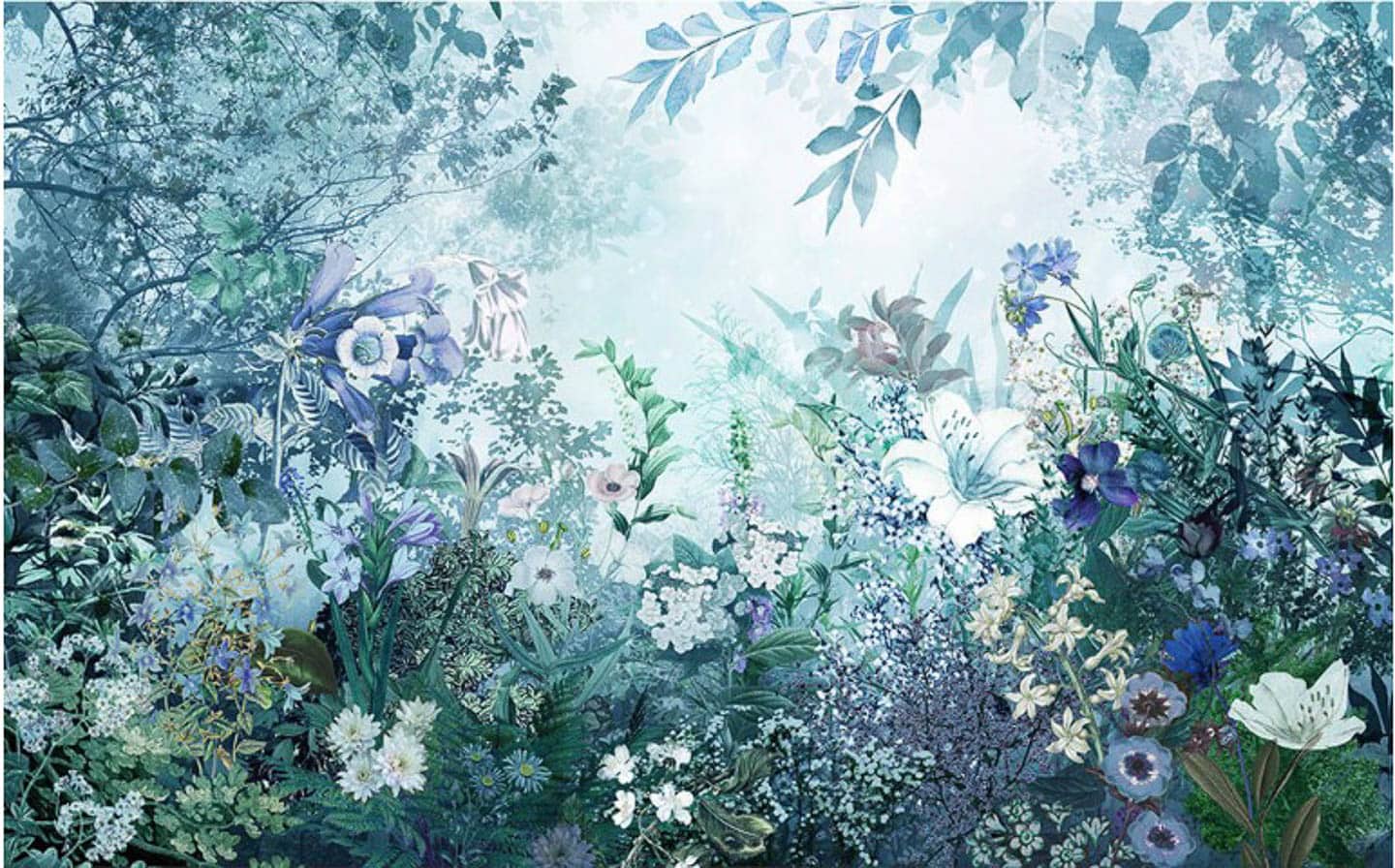Graham and Brown mural of flowers in blues, greens and purples