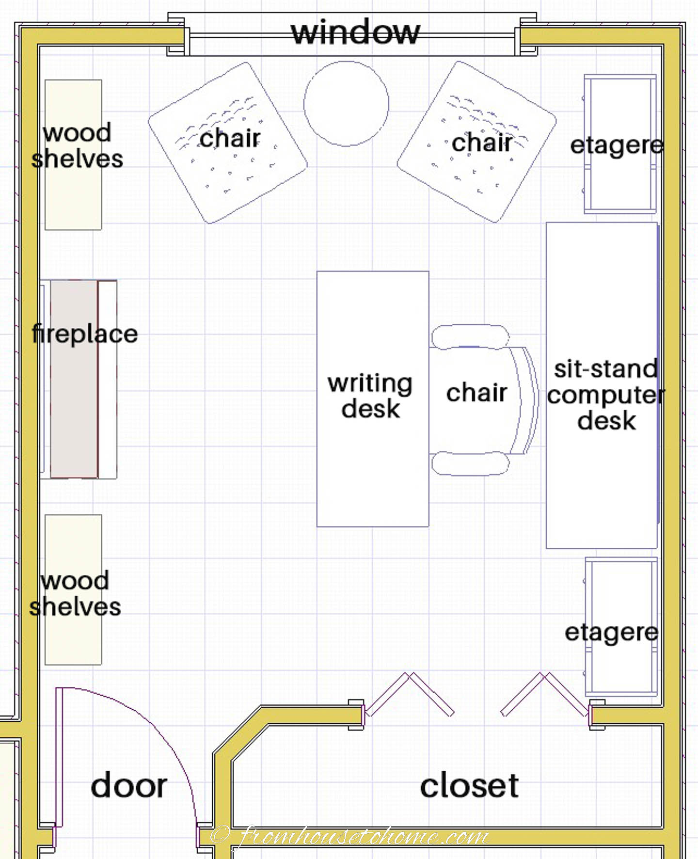 home office layout with desk perpendicular to the window, a fireplace in front of it, and bookshelves behind it