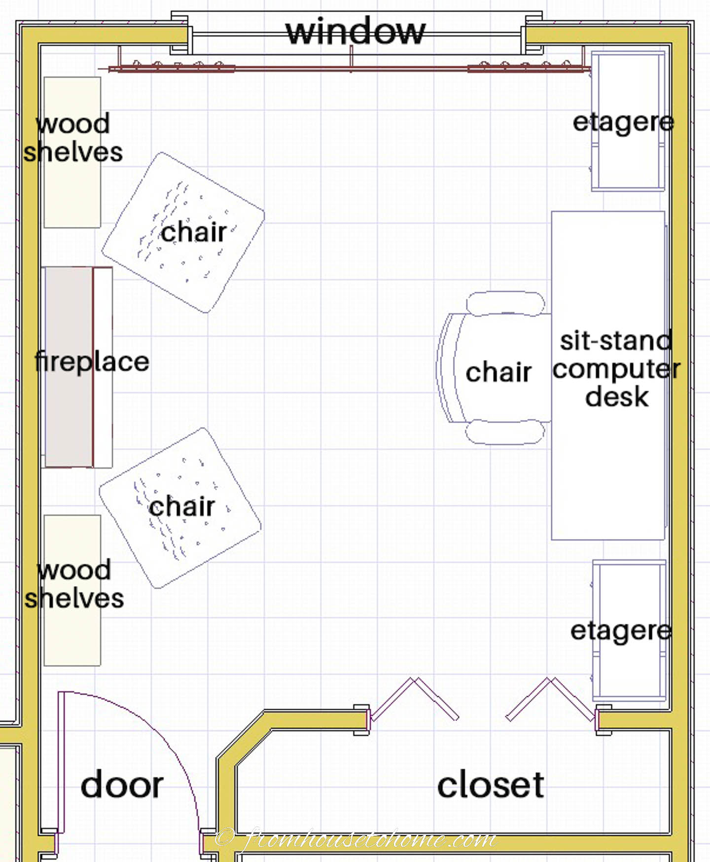 Home office floor plan with the desk facing the wall, two bookshelves beside it and a great zoom backdrop (a fireplace, shelves and chairs) behind it