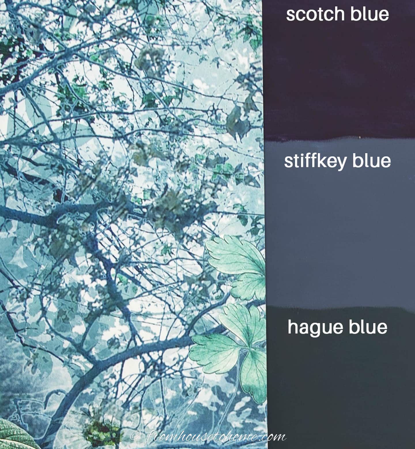 Graham and Brown mural with Scotch Blue (#W24), Stiffkey Blue (#281) and Hague Blue (#30) paint samples